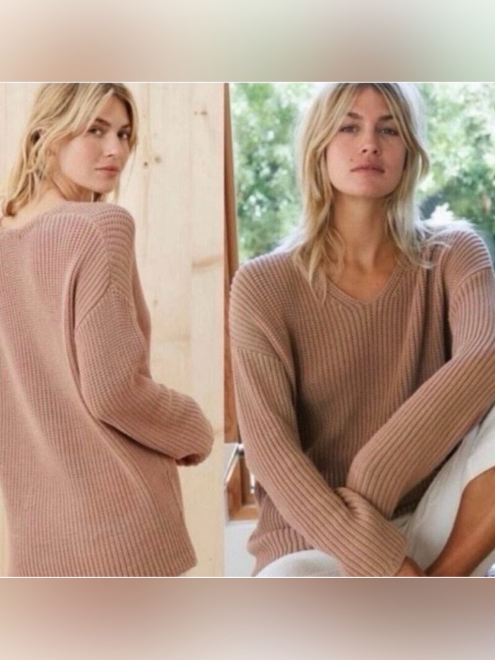 Jenni Kayne Cotton Cabin Sweater Rose Beige V-Neck Oversized Size S Small